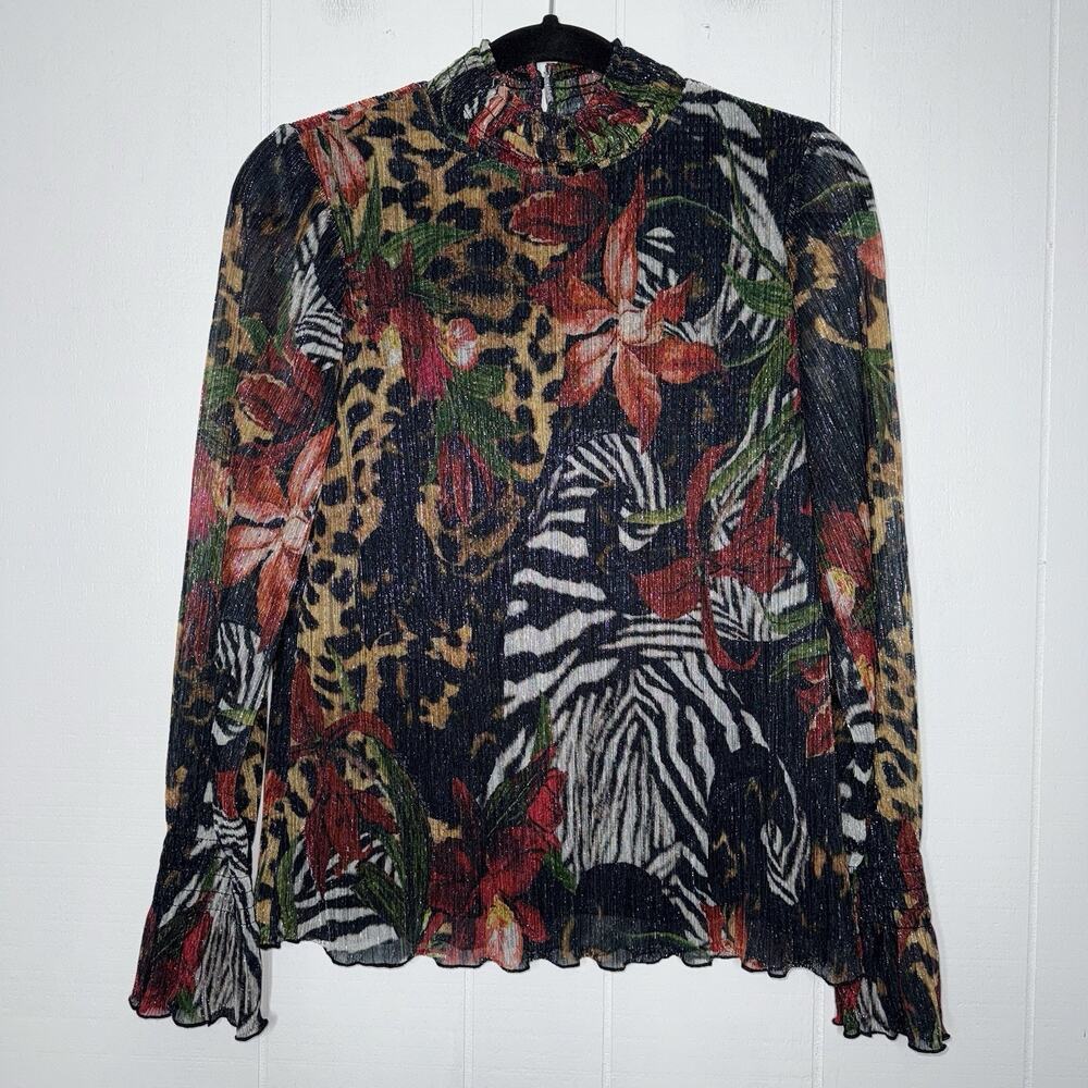 Chico’s Women’s Mock Neck Mixed Print Metallic Crinkle Top Size 0 Small